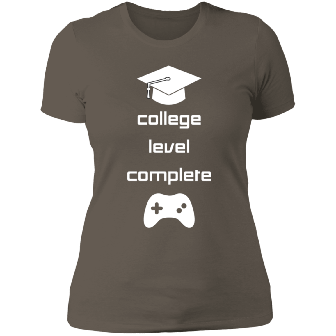 Women's short-sleeve t-shirt with graduation cap at the top and video game controller at the bottom. The message in the middle says: College Level Complete.