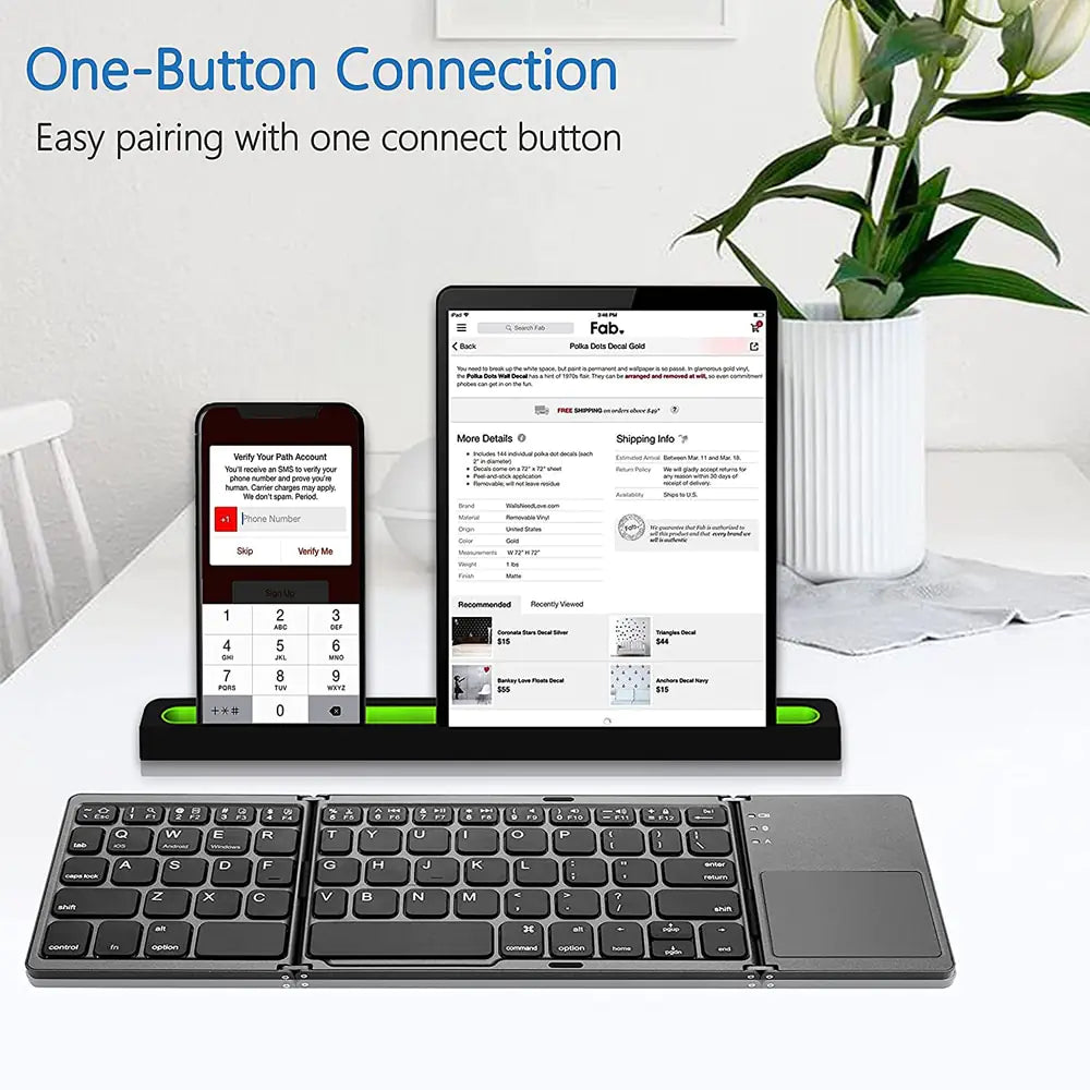 New Portable Mini Tri-Fold Bluetooth Keyboard with Wireless Touchpad