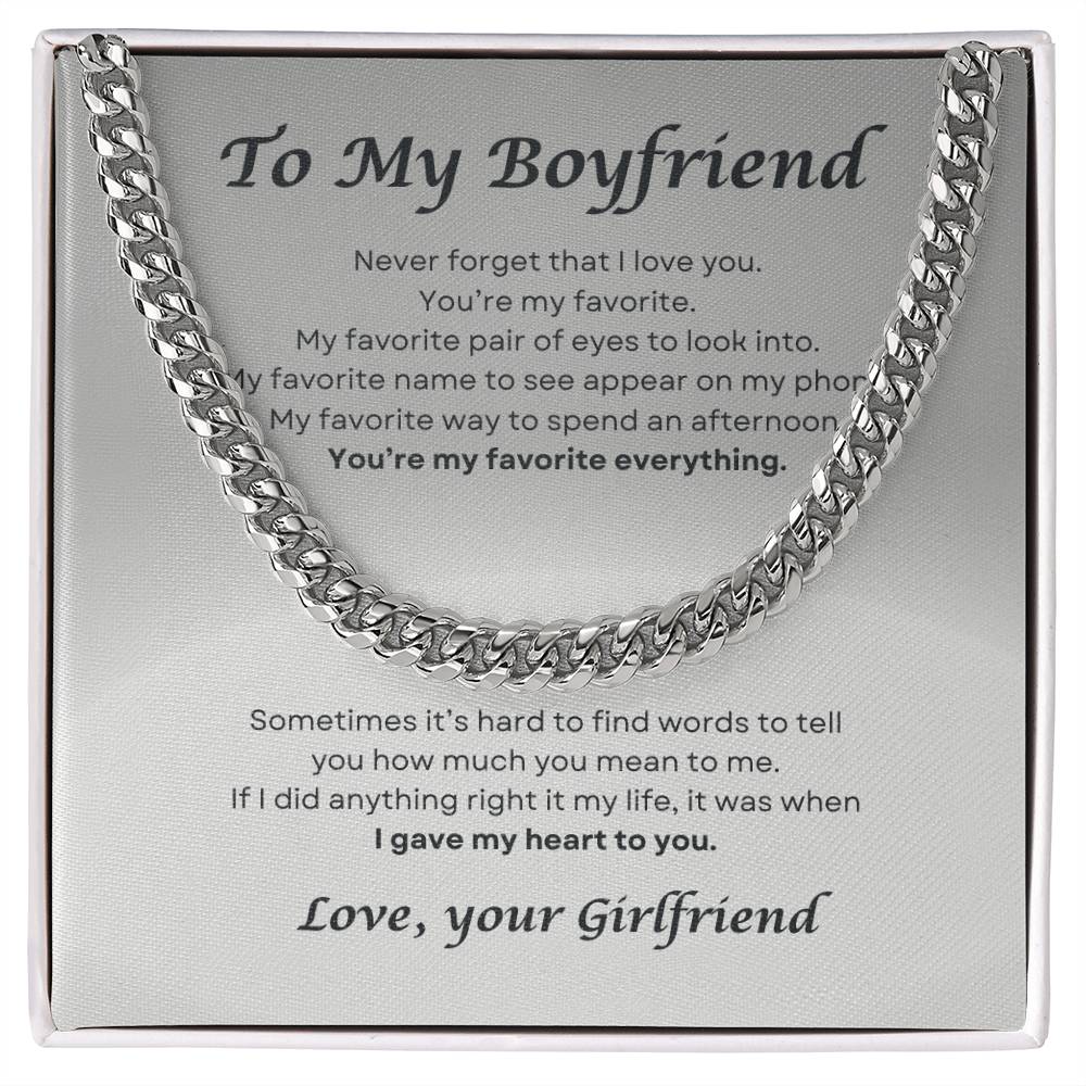 Light gray message card To My Boyfriend with silver cuban link chain.