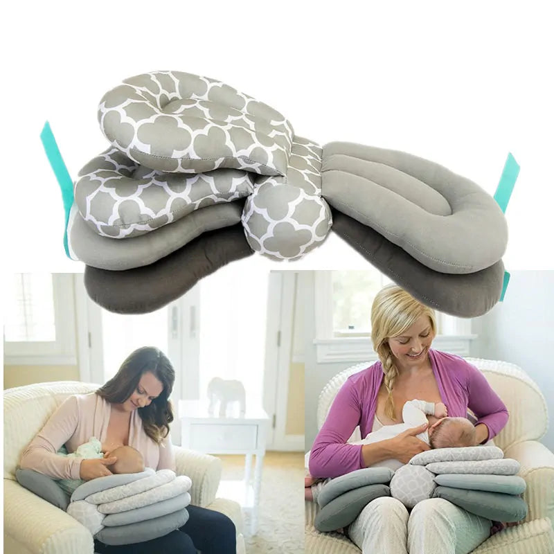 A large photo of six grayscape nursing pillows stitched together like pages in a book for adjustablility. Two more photos of moms nursing their babies using various heights of the pillows.