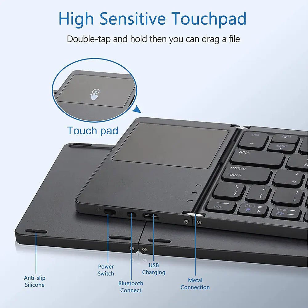 New Portable Mini Tri-Fold Bluetooth Keyboard with Wireless Touchpad