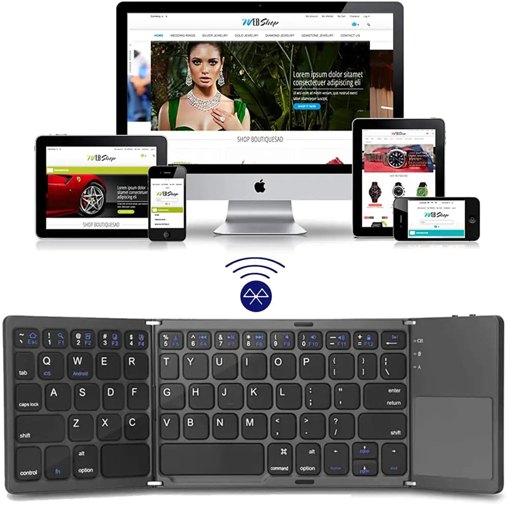 Image of several screens: desktop, tablets, cell phones. Bluetooth symbol.  Tri-fold keyboard wit buttons on the left and center panels and a touchpad on the right panel.