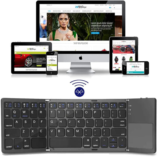 Image of several screens: desktop, tablets, cell phones. Bluetooth symbol.  Tri-fold keyboard wit buttons on the left and center panels and a touchpad on the right panel.