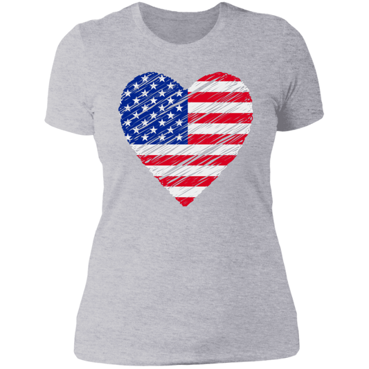 Gray woman's short-sleeve t-shirt with a weathered American flag heart.