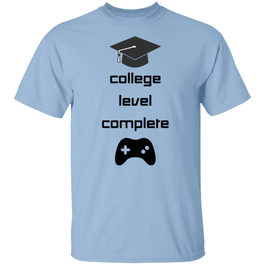 Men's short-sleeve t-shirt with graduation cap at the top and video game controller at the bottom. The message in the middle says: College Level Complete.