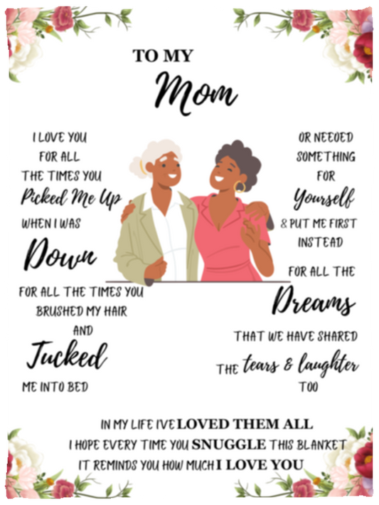 Rectangular blanket with white background. Mom and adult daughter illustration in the center. To My Mom poem written around all sides.