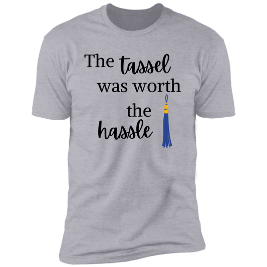 Men's gray short-sleeve t-shirt with the words: the tassel was worth the hassle. A blue tassel hangs beside the words. 