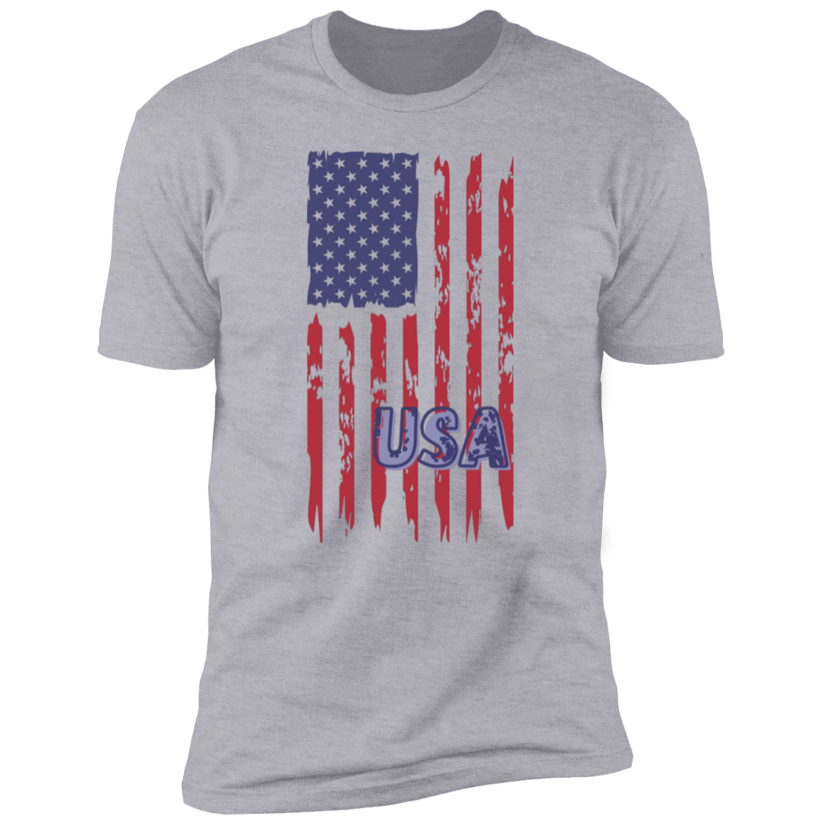 Gray short-sleeve t-shirt with a weathered vertical American flag and USA overlay.