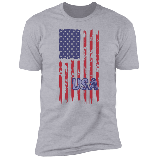 Gray short-sleeve t-shirt with a weathered vertical American flag and USA overlay.