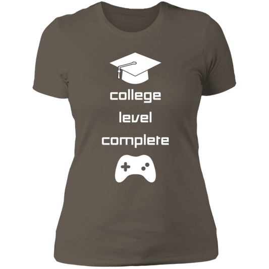 Women's short-sleeve t-shirt with graduation cap at the top and video game controller at the bottom. The message in the middle says: College Level Complete.