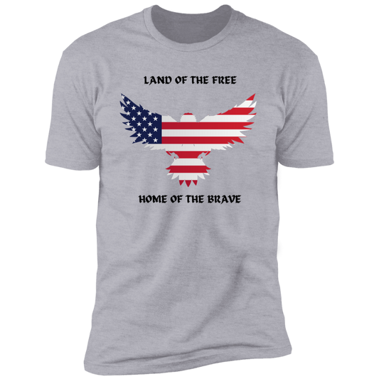 Gray short-sleeve t-shirt with an American flag eagle image and the words: Land of the free, home of the brave.