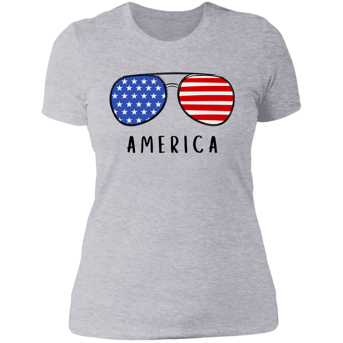 Gray woman's t-shirt with American flag sunglasses and the word, AMERICA.