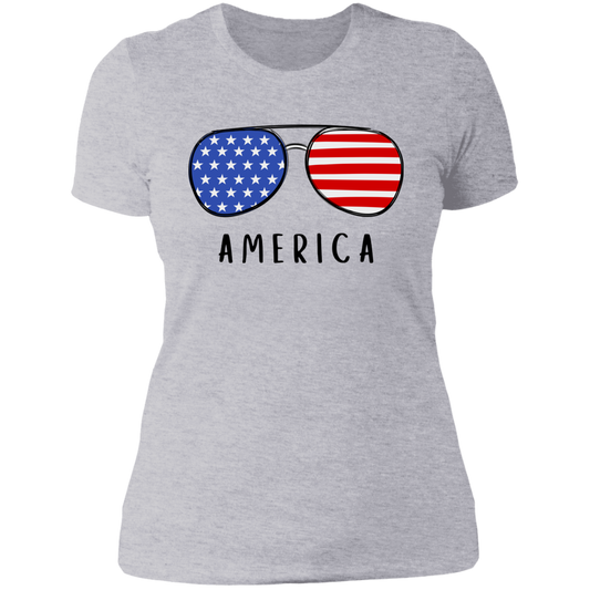 Gray woman's t-shirt with American flag sunglasses and the word, AMERICA.
