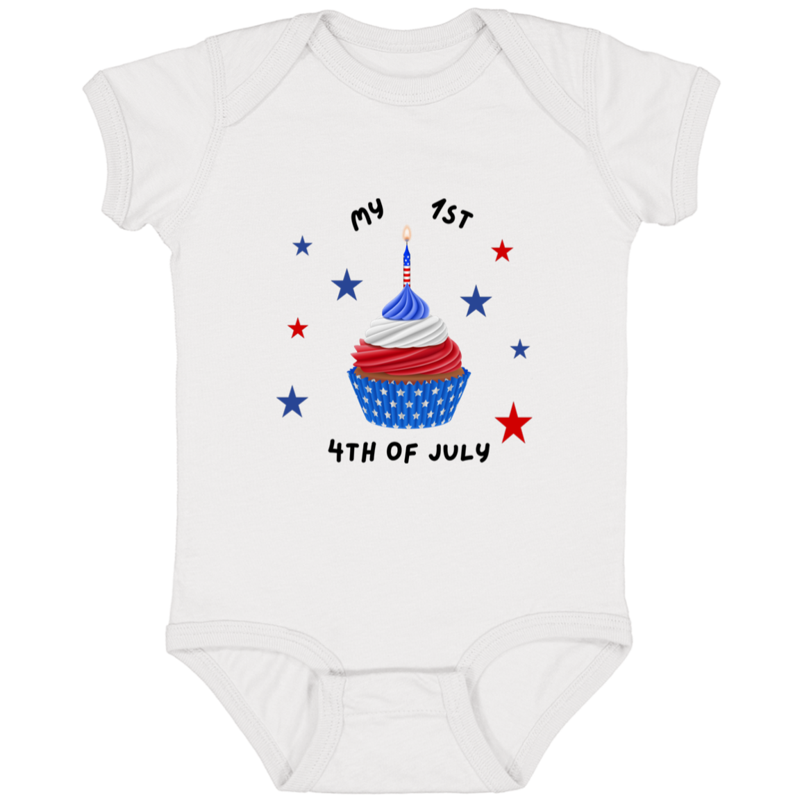 White baby onesie with a red, white, and blue cupcake and the words: My 1st 4th of July.
