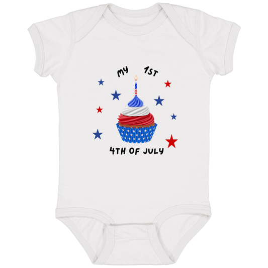 White baby onesie with a red, white, and blue cupcake and the words: My 1st 4th of July.