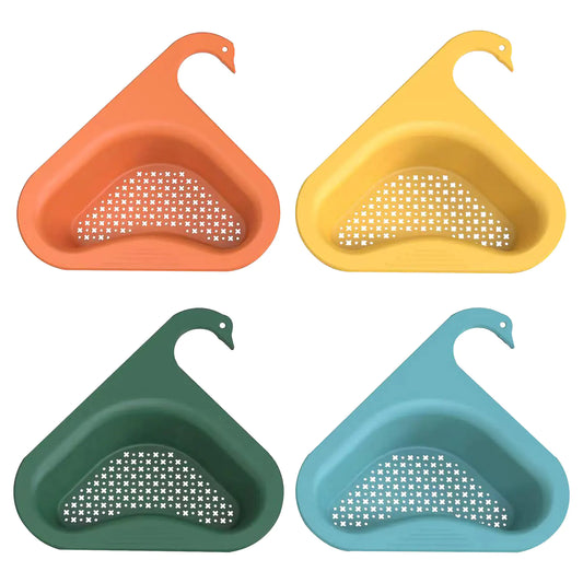 4 sink strainers with triangular design and small hook formation to fit around the faucet. The strainer is shown in orange, yellow, green, and blue.