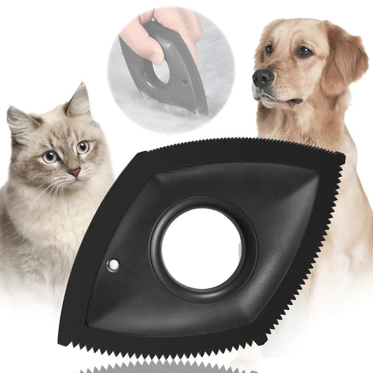 Image of a cat and a dog. Picture of a black diamond shaped tool with various sized combs on each side.  Image of a person using the pet hair detailer on carpet.