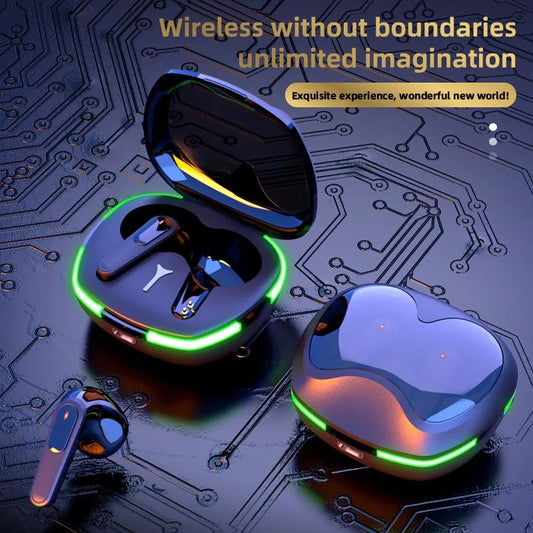 Blue round earbuds case with neon green surrounding lights.