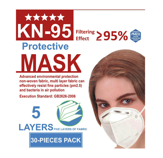 Picture of lady wearing a white KN-95 mask over her nose and mouth with adjustable nose metal and elastic straps around ears