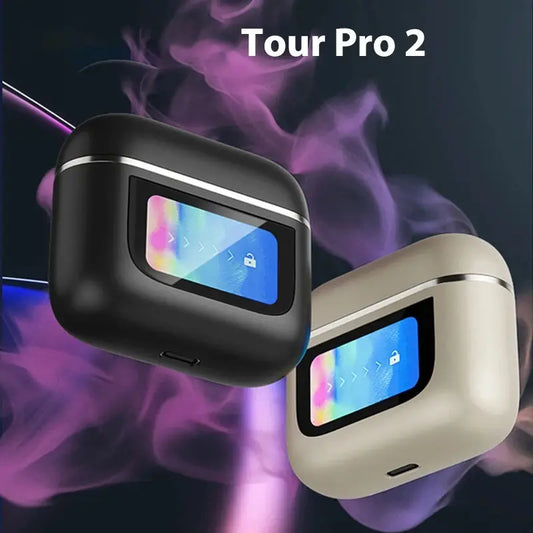 Title says Tour Pro 2. Shows a black rounded earbuds case and an off-white rounded earbuds case, both with multicolored locking screens.