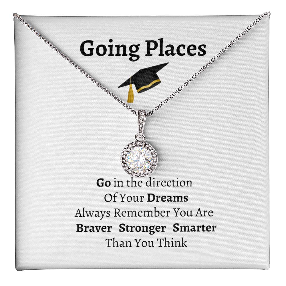 Message card with graduation cap and Going Places and a poem. Silver necklace with round cubic zirconia pendant.