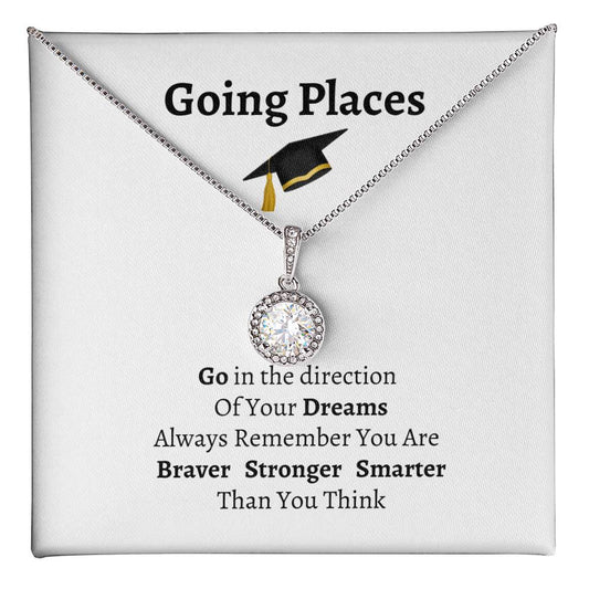 Message card with graduation cap and Going Places and a poem. Silver necklace with round cubic zirconia pendant.
