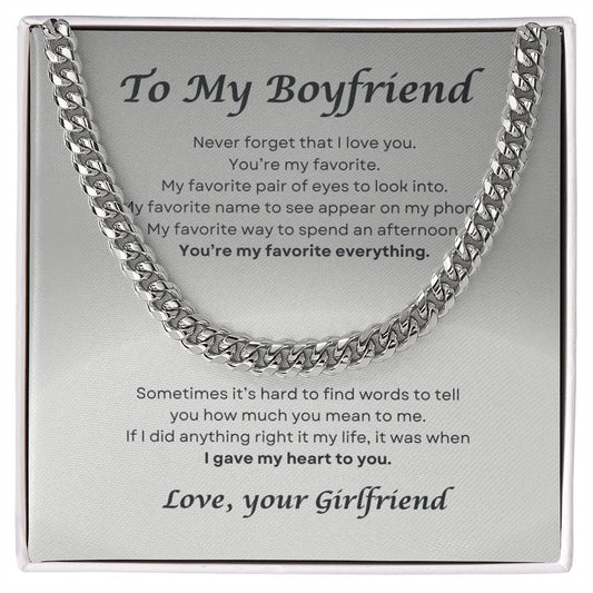 Light gray message card To My Boyfriend with silver cuban link chain.
