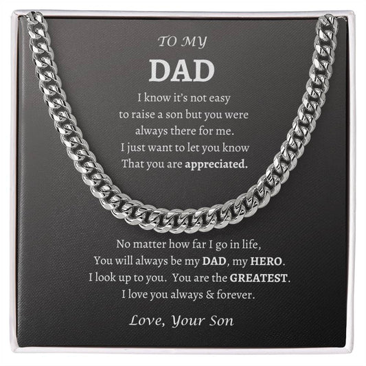 Silver cuban link chain on a message card To Dad From Son