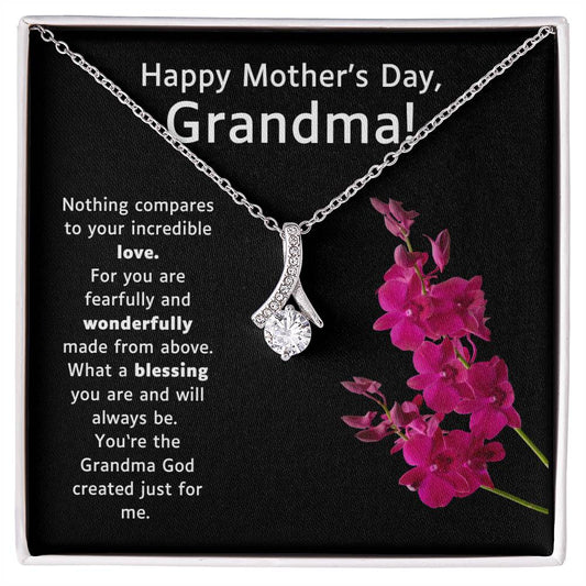 Black message card: Happy Mother's Day, Grandma! Silver necklace with cubic zirconia pendant.