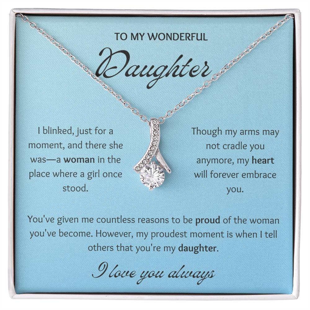 Blue message card To My Wonderful Daughter. Silver necklace with cubic zirconia pendant.