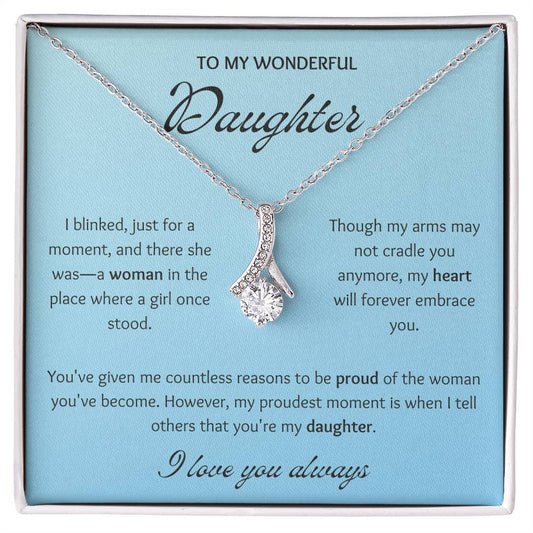 Blue message card To My Wonderful Daughter. Silver necklace with cubic zirconia pendant.