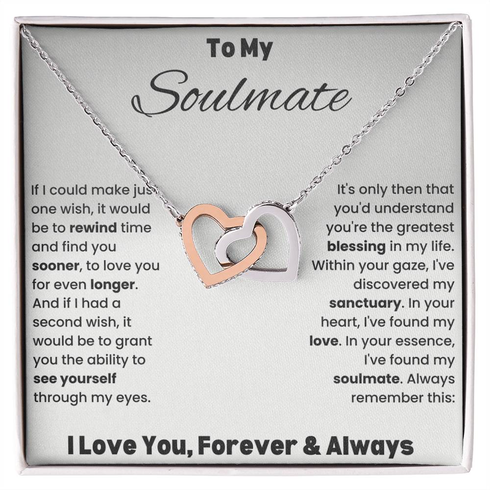 Light gray message card To My Soulmate message with Interlocking Hearts necklace and cubic zirconia embellishments.