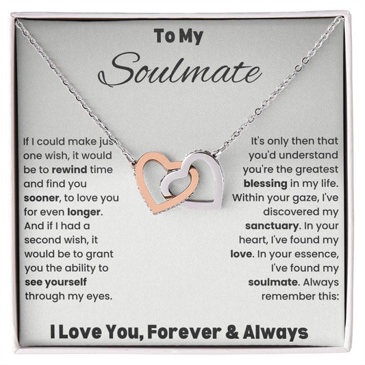Light gray message card To My Soulmate message with Interlocking Hearts necklace and cubic zirconia embellishments.