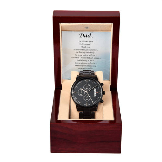 A black chronograph watch inside a mahogany gift box. Includes a message card to Dad on Father's Day.