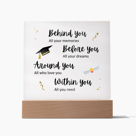 Square acrylic plaque with white background. Graduation poem. In wooden base.