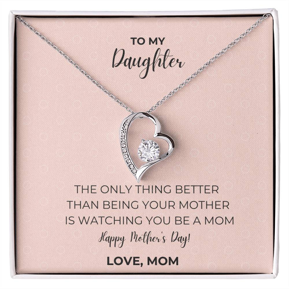 Blush pink circles message card design To My Daughter Love, Mom Happy Mother's Day.  Silver necklace with heart-shaped cubic zirconia pendant. 