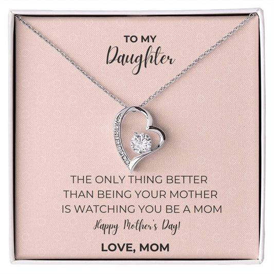 Blush pink circles message card design To My Daughter Love, Mom Happy Mother's Day.  Silver necklace with heart-shaped cubic zirconia pendant. 