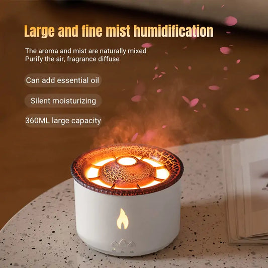 Large and fine mist humidification. Small ceramic pot with flame lighting diffusing mist.