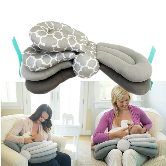 A large photo of six grayscape nursing pillows stitched together like pages in a book for adjustablility.  Two more photos of moms nursing their babies using various heights of the pillows.
