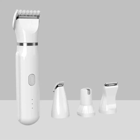 White hand-held pet grooming tool with 4 attachment heads.