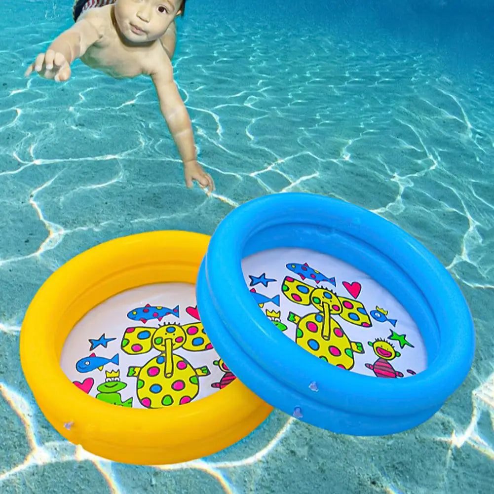 A picture of a baby in a pool of water.  Two small inflatable pools in blue and yellow are overlayed. 