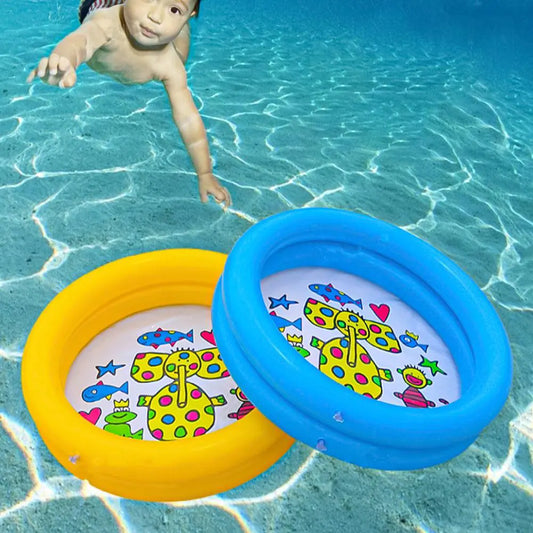 A picture of a baby in a pool of water.  Two small inflatable pools in blue and yellow are overlayed. 