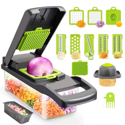 Black rectanguar plastic mandolin with 12 green cutting and chopping inserts. Clear plastic bin attachment and black basket to catch chopped fruits and vegetables.